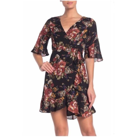 June & Hudson Wrap Mini Dress Floral Print Black Orange Brown Size L NEW wTag - Picture 1 of 10